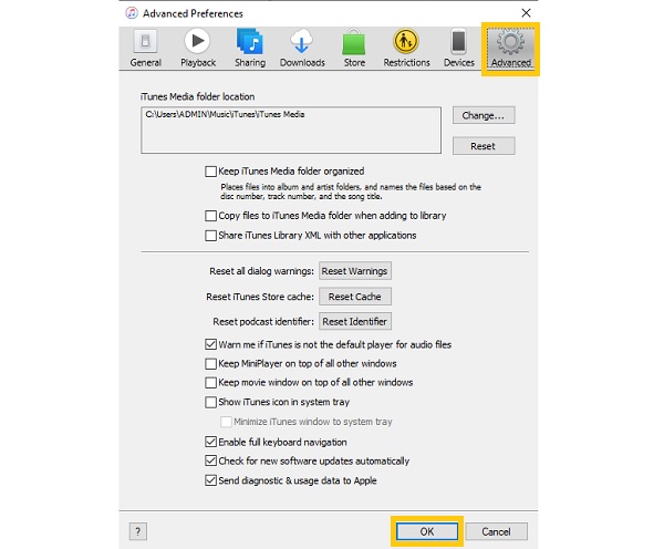 Adjust Advanced Settings iTunes