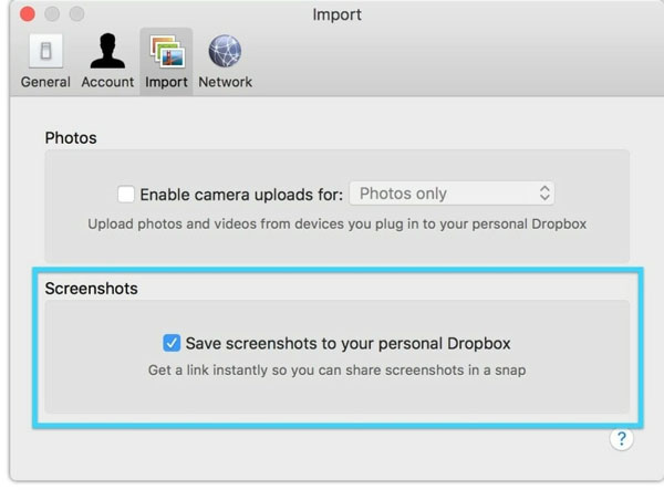 Configuração de captura de tela de upload do Dropbox