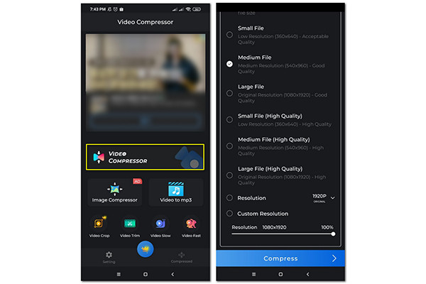 Videokompressor Reduser MP4 på Android