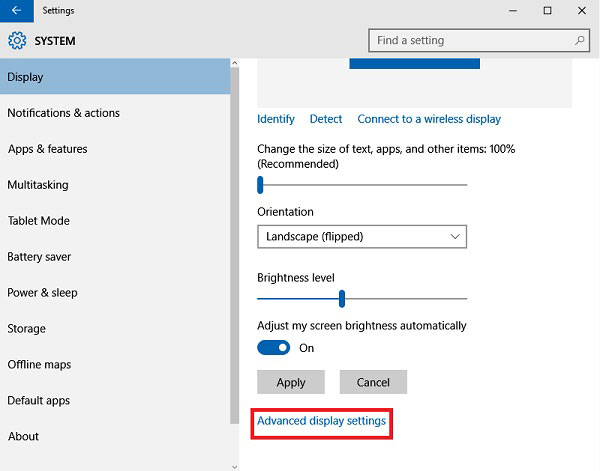 Advanced Display Settings Windwos 10