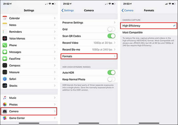 iPhone Settings Formats High Efficiency