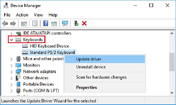 Opdater tastaturdriveren Device Manager Windows 10