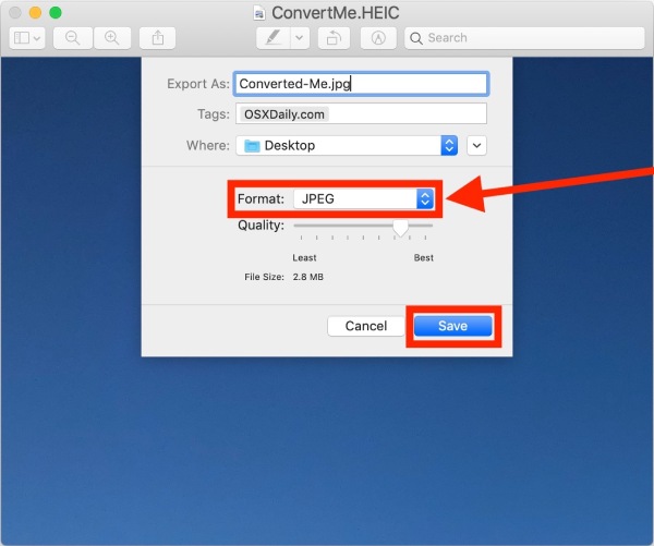 Convertir HEIC en JPG sur Mac Preview