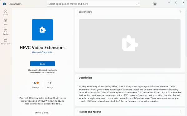 Extensões de vídeo HEIC na Microsoft Store