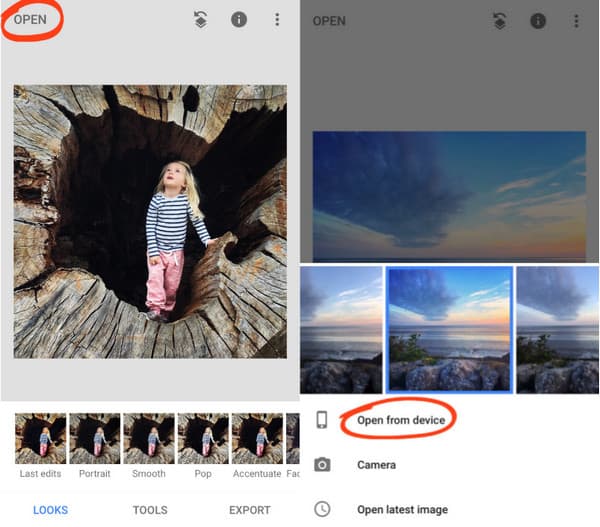 Snapseed ouvert à partir de l'appareil