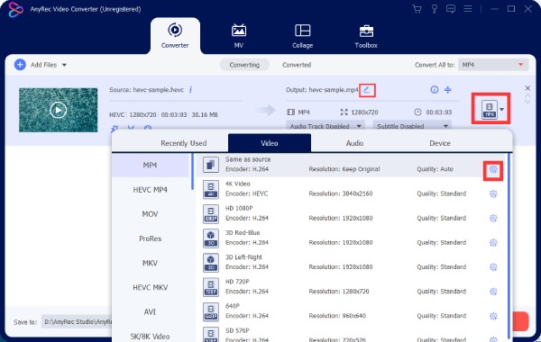 Choose Output Format for H265 Video