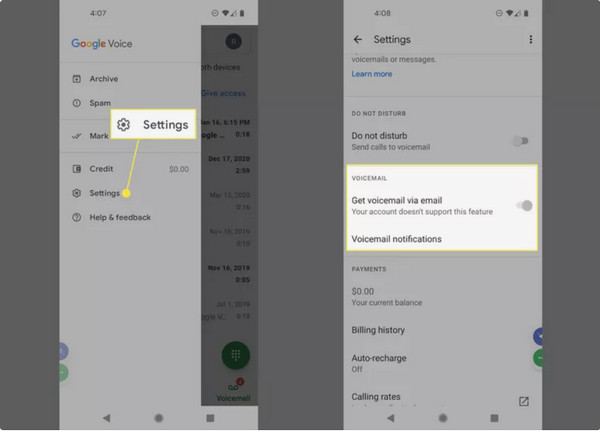 Google Voicemail értesítések