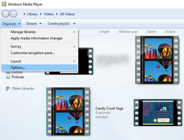 Click Options in Windows Media Player