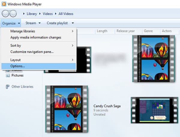 ตัวเลือกการจัดระเบียบ Windows Media Player