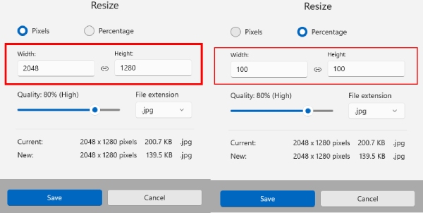 Windows フォトのサイズ変更オプション