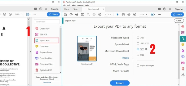 Adobe Acrobat Reader to DC PDF-et exportál TIFF formátumba