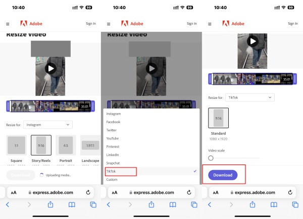 Adobe Express recortar videos para TikTok en Safari