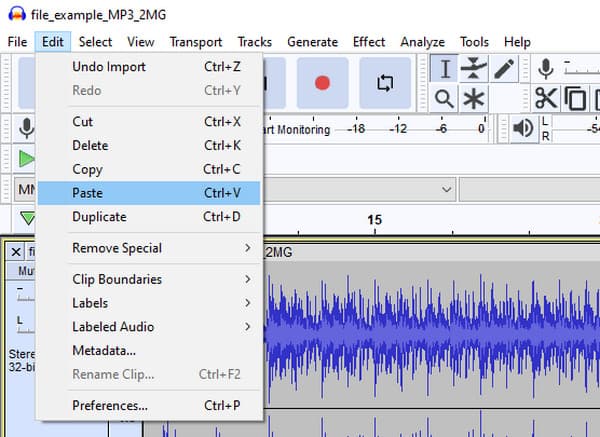 Audacity 붙여넣기 내보내기