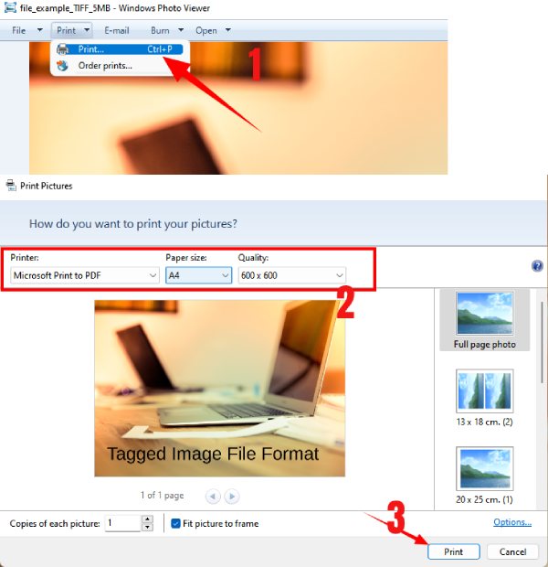 Változtassa meg a TIFF-et PDF-re a Windows Photo Viewerben