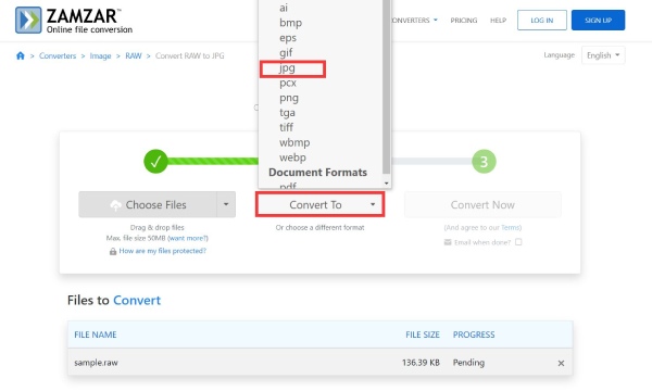 Pilih Output Format ZamZar