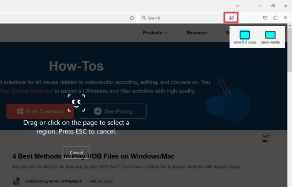 Firefox Acquisisci uno screenshot