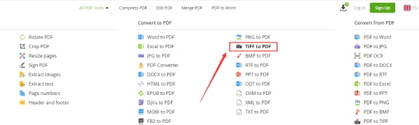 Encuentre la herramienta TIFF a PDF en PDF Candy