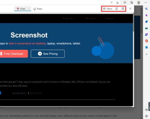 Del og gem skærmbillede Microsoft Edge