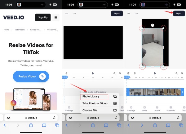 VEED.IO Pangkas Video untuk TikTok pada Safari iOS