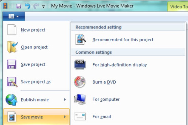 Chọn tùy chọn lưu phim Windows Movie Maker