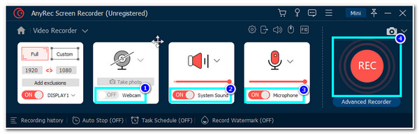 Bật công tắc và nhấp vào nút REC