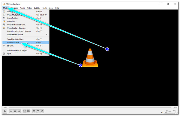 VLC 액세스 미디어 탭 및 변환 선택