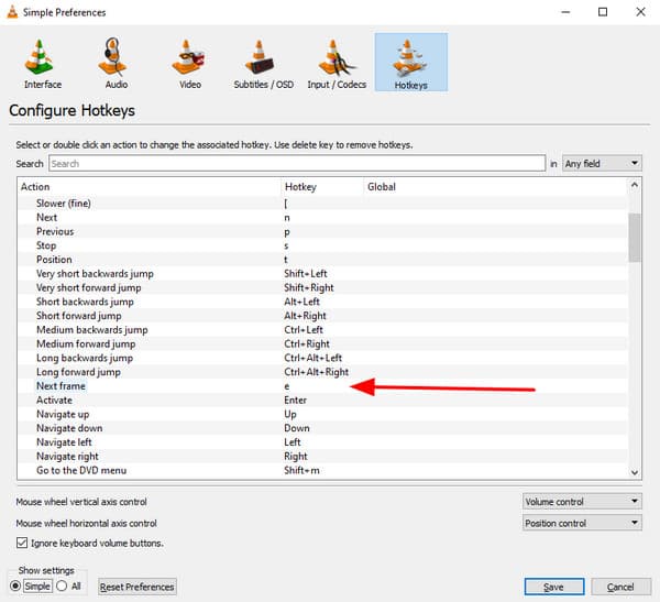 VLC Preferences Hotkeys