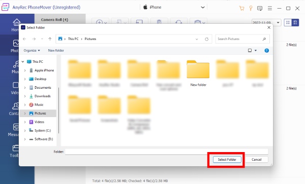 Select Folder for Storage Anyrec