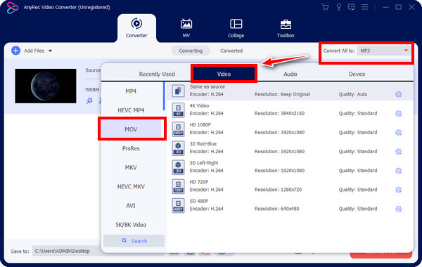 Anyrec Pilih Format MOV