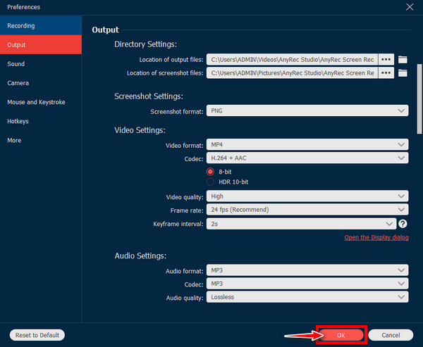 Anyrec definir configurações de saída