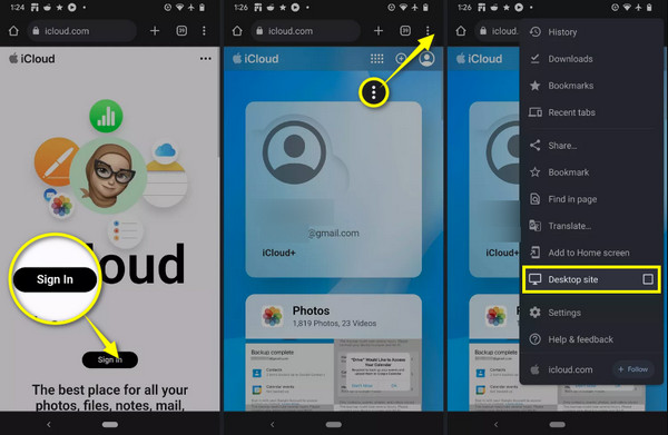 iCloud Выберите настольный сайт