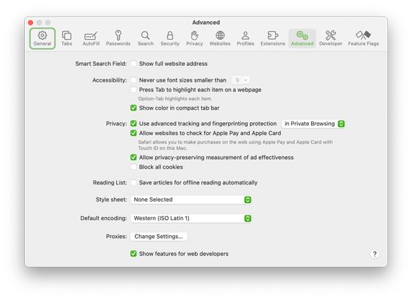 Opções avançadas do Safari