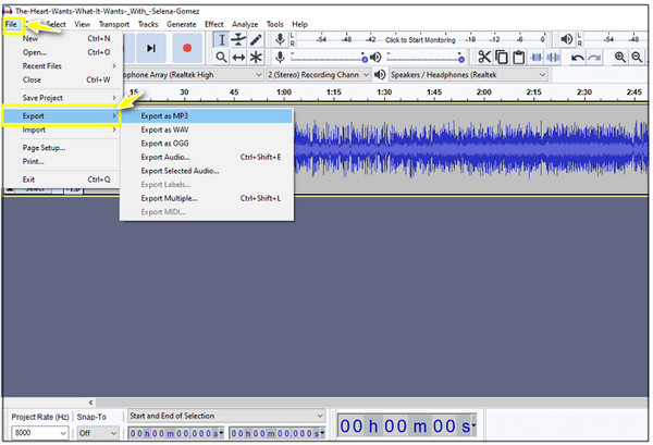 Audacity'yi MP3 olarak dışa aktarma