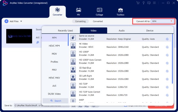 Scegli il formato di output Anyrec