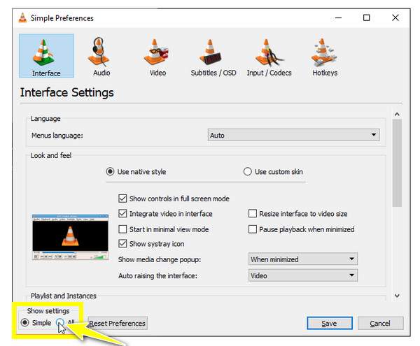 VLC Fare clic sul pulsante di opzione Tutti