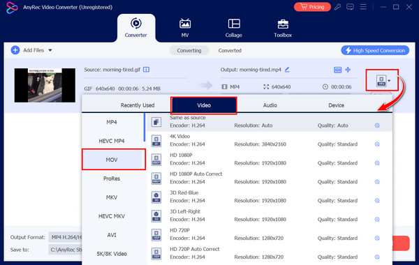 Anyrec Sélectionnez le format MOV