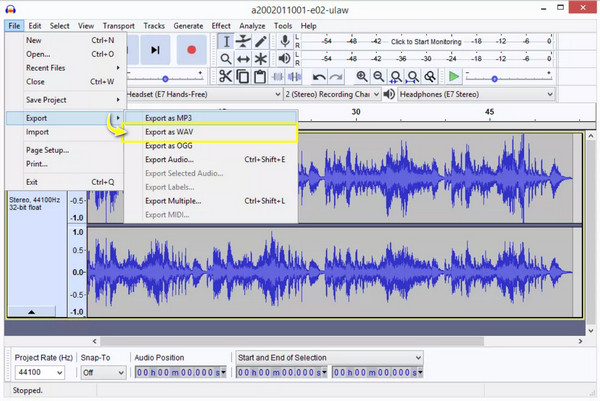 Audacity を WAV としてエクスポート