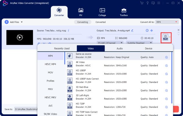 Choose MP4 Formats Anyrec
