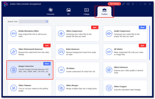 Cliquez sur Boîte à outils Sélectionnez Convertisseur d'images