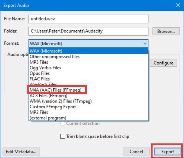 Export souborů M4a Audacity