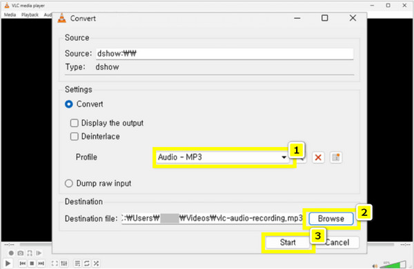 VLC Registra Audio Seleziona Formato