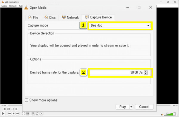 VLC Registra Video Seleziona Modalità di Cattura