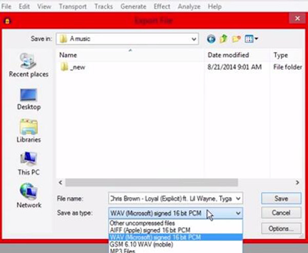 บันทึกไฟล์ WAV ที่แปลงแล้ว Audacity