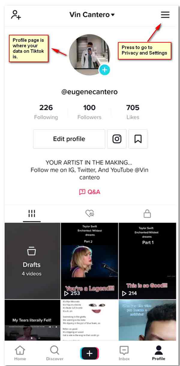 TikTok Appuyez sur la page de profil