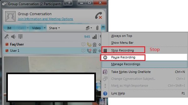 Lync 회의 기록 중지