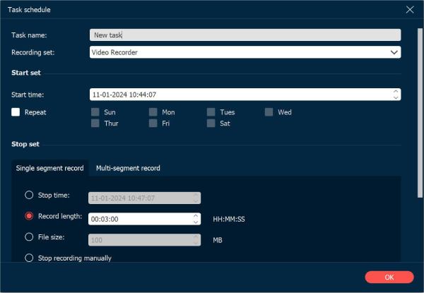 Configurações de programação de tarefa